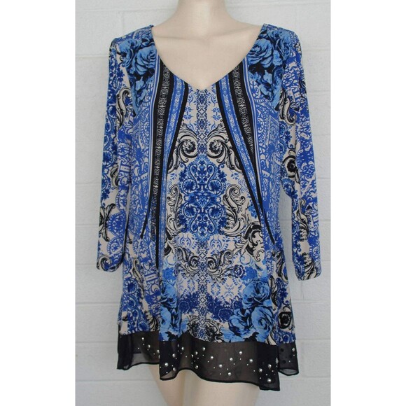 Style & Co Large Blue White Scarf Print Boho Chic Studded Tunic Top - Picture 1 of 6